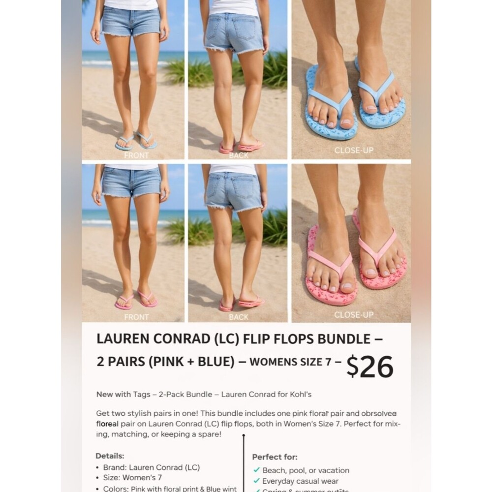 lauren conrad lc flip flops bundle 2 pairs floral blue coral womens size 7 nwt